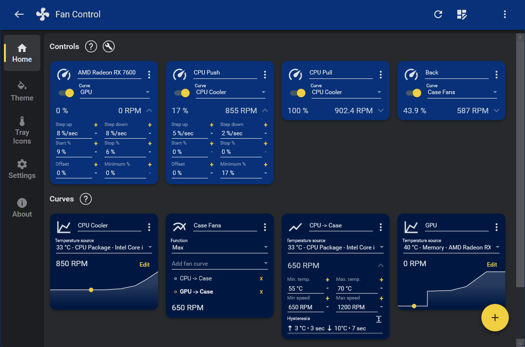 Fan Control main window on Windows showing fan controls, fan curves and temperature sensors